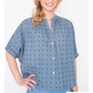 Never A Wallflower Blue Cross Hatch Elastic Sleeve Top NWT